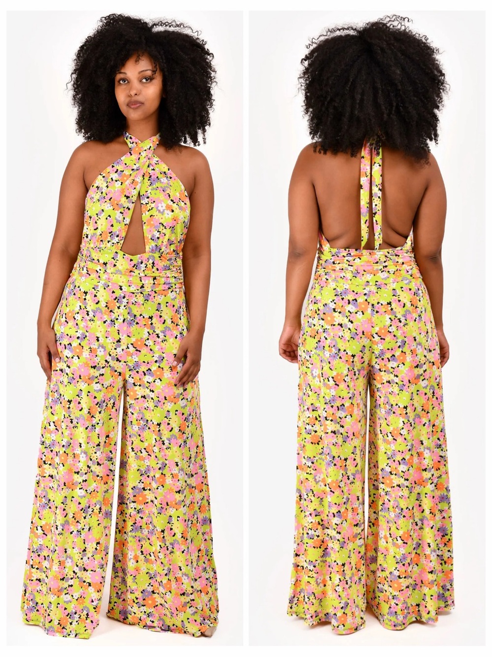 AFRM Pamela Cross Halter Floral Slinky Jumpsuit